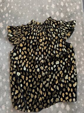 Black Metallic Gold Leopard Print Ruffle Sleeve Blouse - Rebecca Taylor